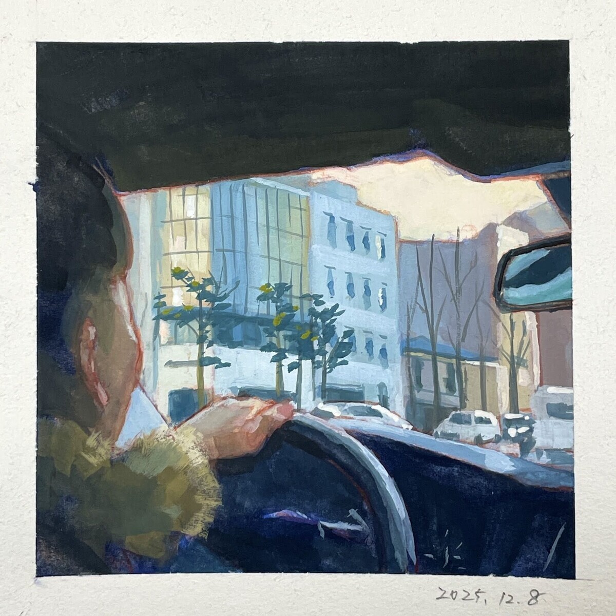 ガッシュで描く 一日一絵 窓からの風景『車窓』ホルベイン不透明水彩 8