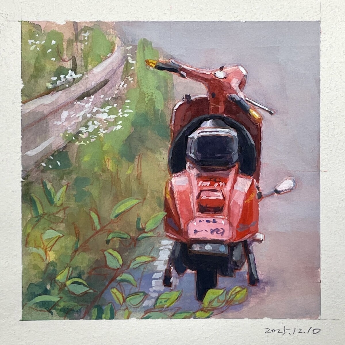 ガッシュで描く 一日一絵 乗り物『スクーター』ホルベイン不透明水彩