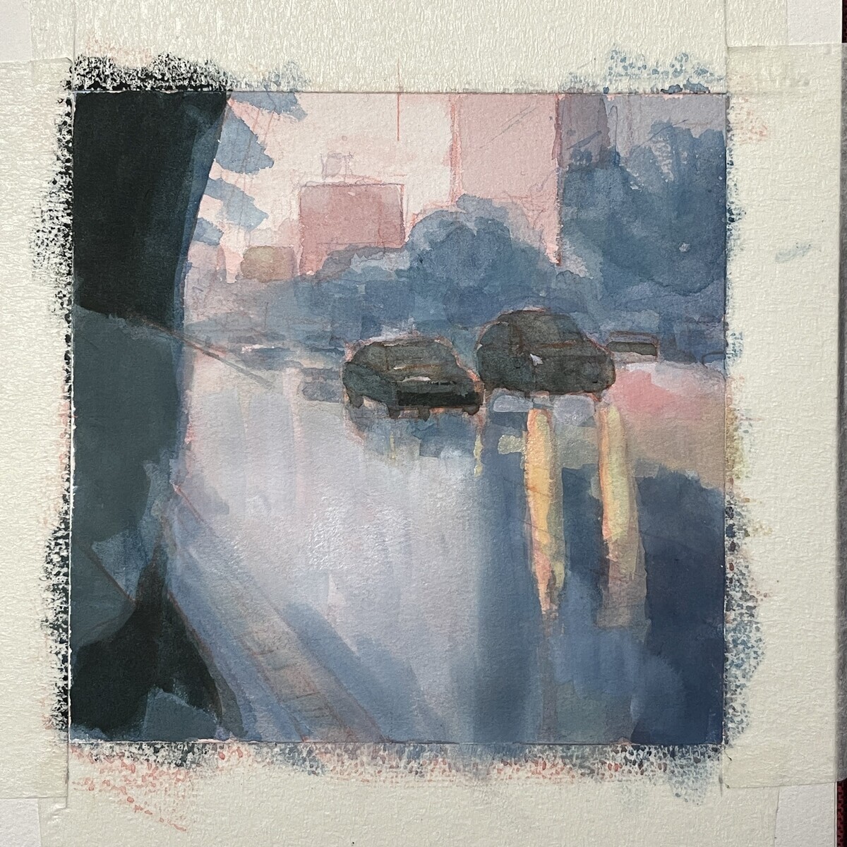 ガッシュで描く 一日一絵 風景『雨』ホルベイン不透明水彩 14日目 - 桃