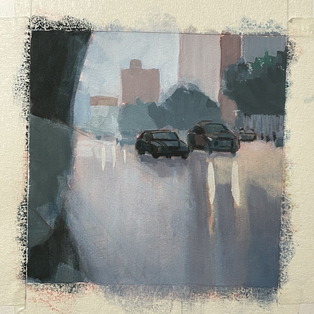 ガッシュで描く 一日一絵 風景『雨』ホルベイン不透明水彩 14日目 - 桃