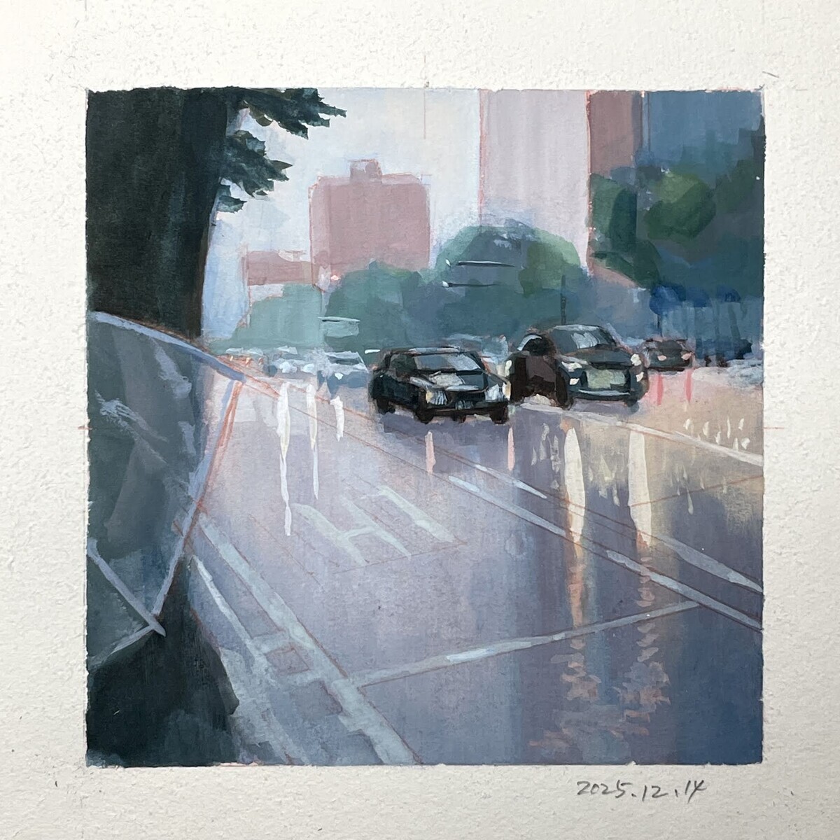 ガッシュで描く 一日一絵 風景『雨』ホルベイン不透明水彩 14日目 - 桃