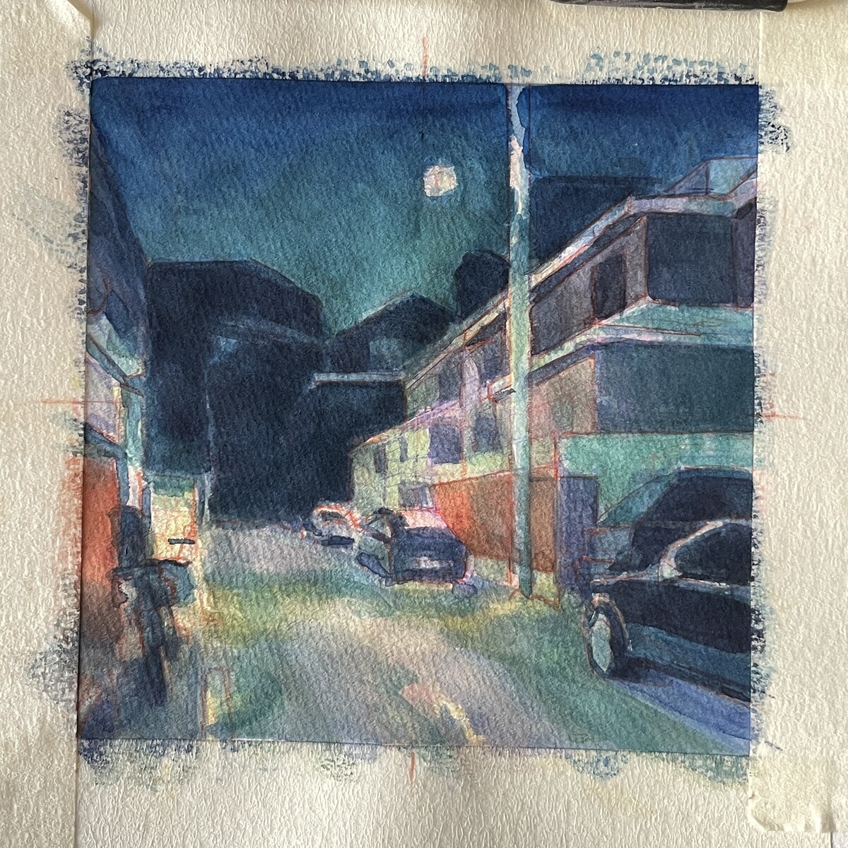 ハンドペイント　風景画 ガッシュで描く 一日一絵 路地裏『ソウル弘大』ホルベイン不透明水彩