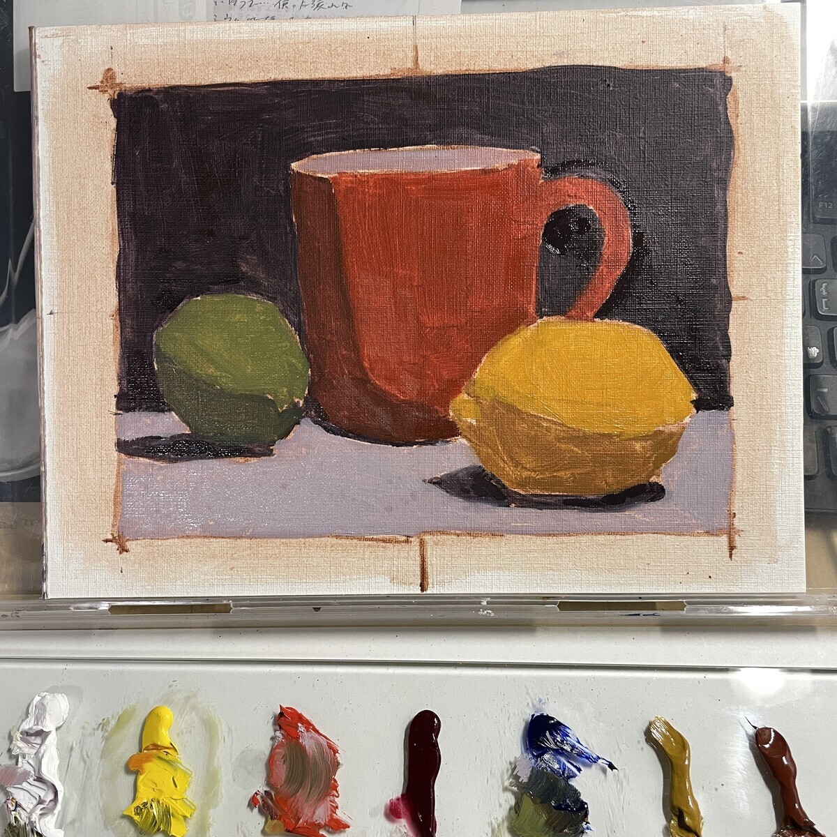 油絵リハビリ：赤いカップの静物画（ペイントコーチ） - 桃蝶画房