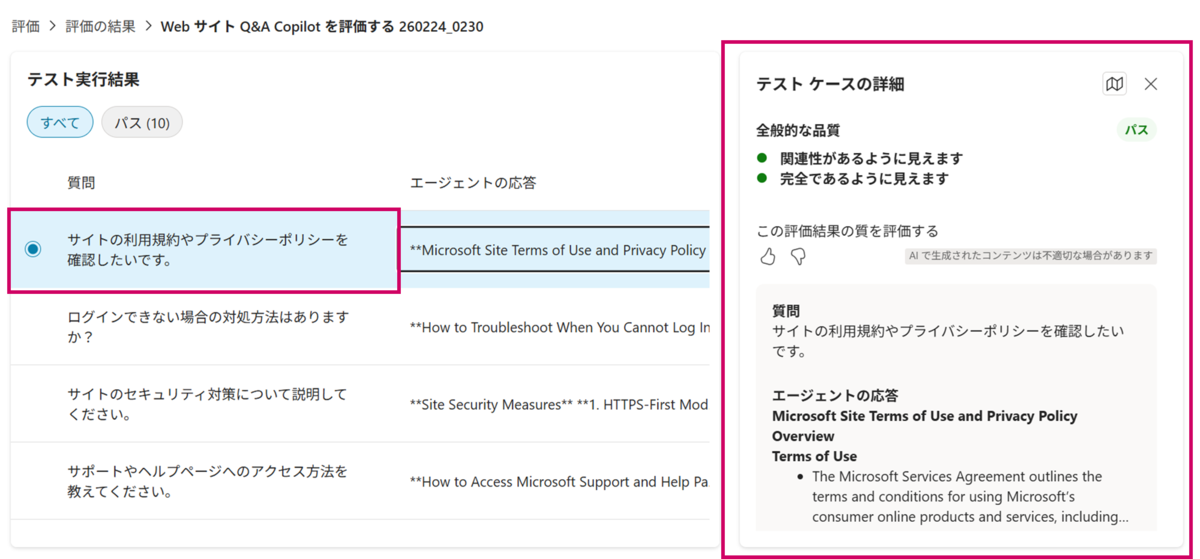 全般的な品質のテスト結果