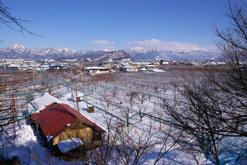 奥羽山脈眺め　赤い屋根のある風景