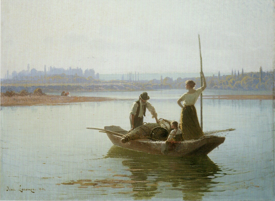 油彩画 漁船と漁師 A. De La Cruz ジャン・ラロンズ作「シャロレーの