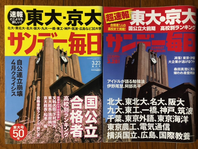 サンデー毎日 東大 京大号 の表紙の変遷 埼玉在住中小企業勤務ダメ人間の思うところ