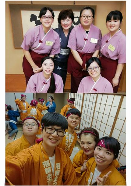 台湾からの実習生に囲まれる「猿ヶ京ホテル」女将の持谷美奈子さん(上写真の後列左から2人目)と研修生(下写真)