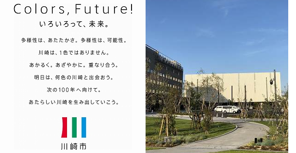 川崎市のブランドメッセージ(左)と川崎市殿町地区にある新産業創出オープンイノベーション拠点「KING SKYFRONT」(キングスカイフロント)(右)
