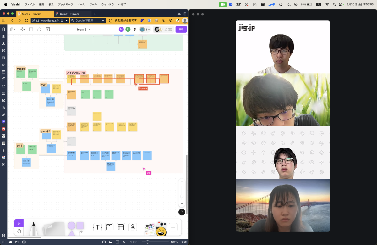 FigJamの付箋を用いてアイデアの整理を行う、メンバーとメンターたち