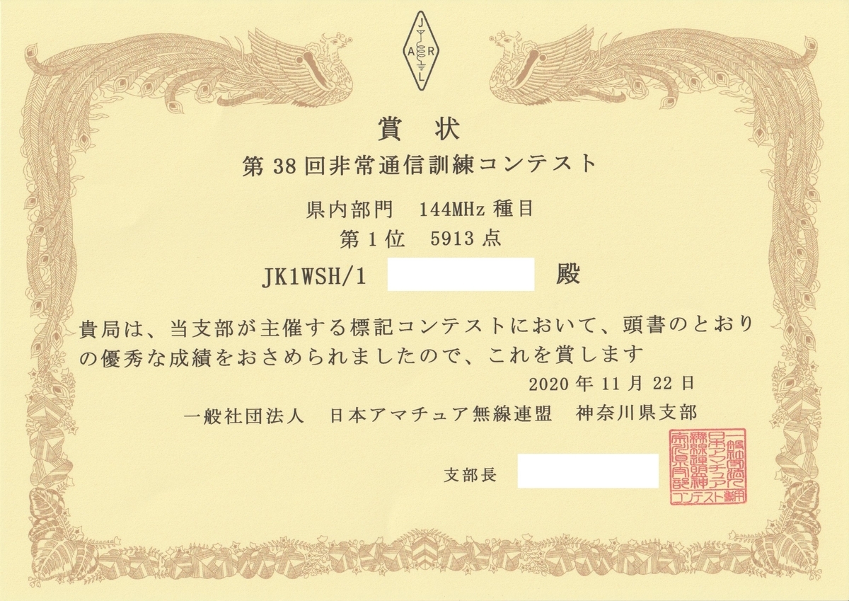 2020 オール千葉コンテスト Jarlかながわ賞状到着 Jk1wsh S Blog