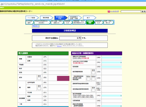 国税庁サイトの確定申告入力画面