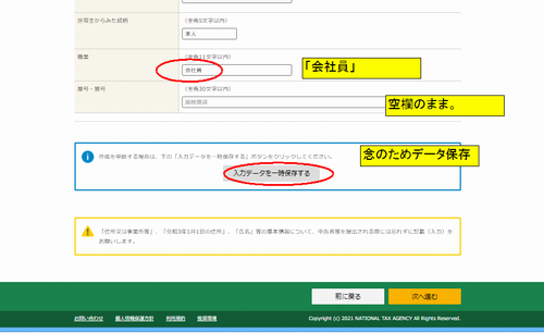 国税庁サイトの確定申告入力画面