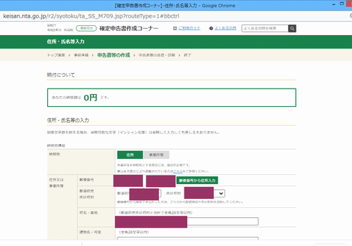 国税庁サイトの確定申告入力画面