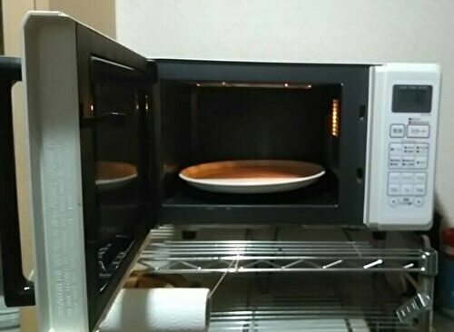 電子レンジのドアを開けて電気がついてる様子