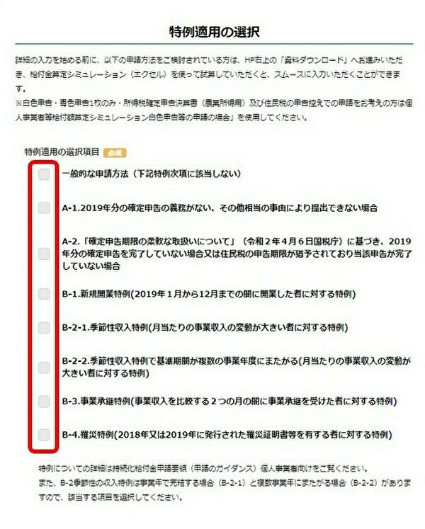 特例適用の選択画面