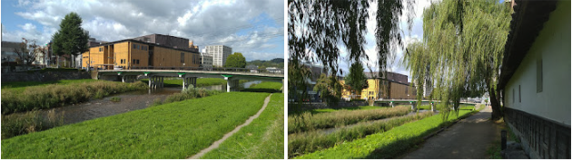 中津川と与の字橋、川沿いの道