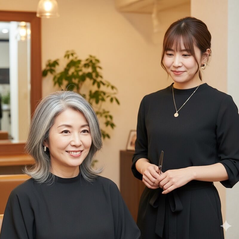 カットが終わり、理想のスタイルを手に入れた50代女性が、その仕上がりに満足している様子