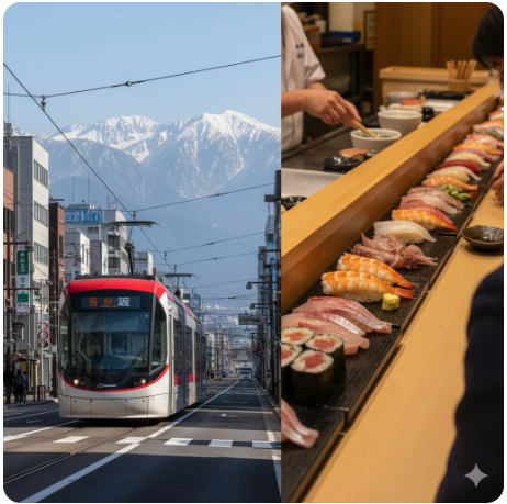 富山の路面電車と新鮮な立ち喰い鮨