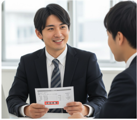 給与明細と資格手当の資料を手に、笑顔で上司と話しているビジネスマン。