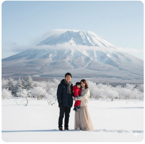 岩手山を背景にした盛岡の冬のロケーションフォト。雪景色でのウェディングまたは家族写真。