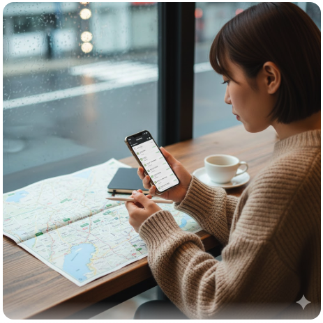 カフェの窓辺で、雨が降る中、スマートフォンで旅行情報を確認しつつ、鉛筆を片手に紙の地図を見つめる若い女性