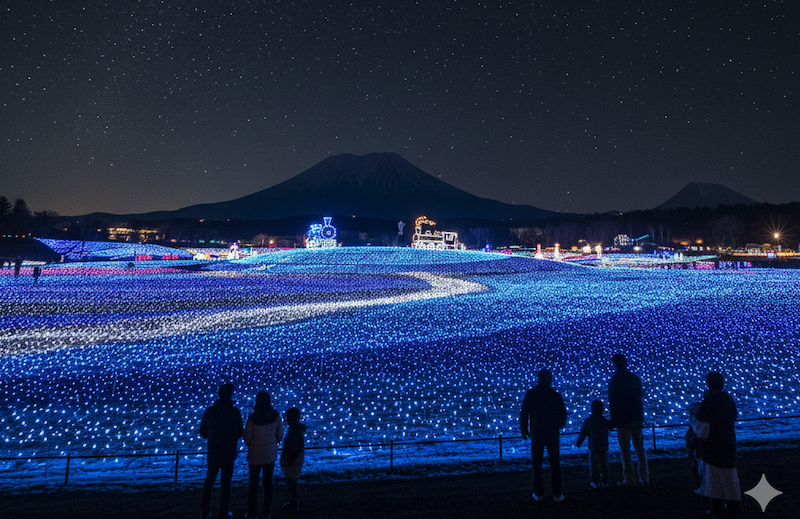小岩井農場イルミネーションの夜景。満天の星空の下美しい光景を鑑賞している様子。