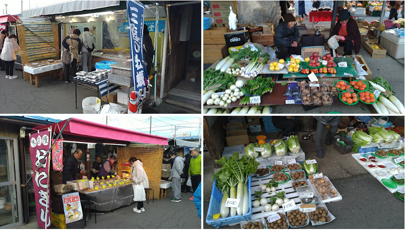 朝市には、朝とり野菜や季節の果物、三陸の海産物、持ち帰りの食品などが並ぶ。