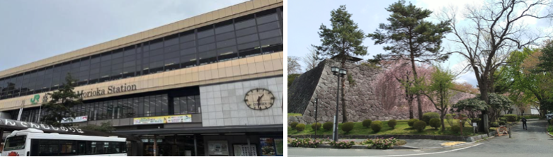 北東北の観光拠点盛岡駅と、桜の季節の盛岡城跡公園。