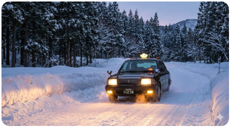 冬の雪道を走るタクシー。