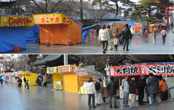 盛岡八幡宮の初詣を前にした、様々な屋台の開店直前の様子。