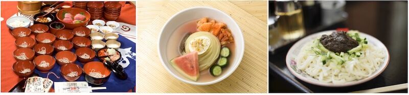 盛岡三大麺/左からわんこそば・盛岡冷麺・じゃじゃ麺
