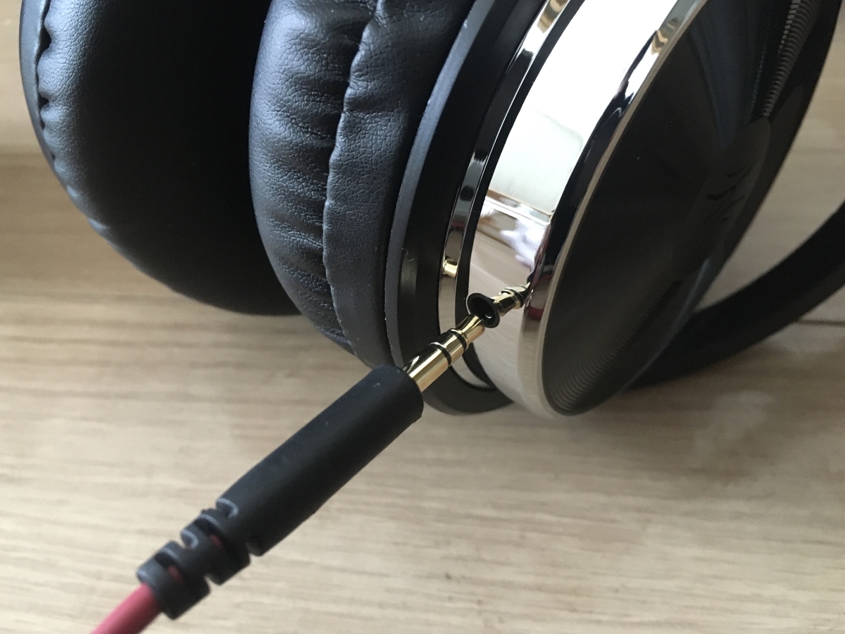 3.5mmのコードをヘッドフォンのR側の小さな穴に差す画像です