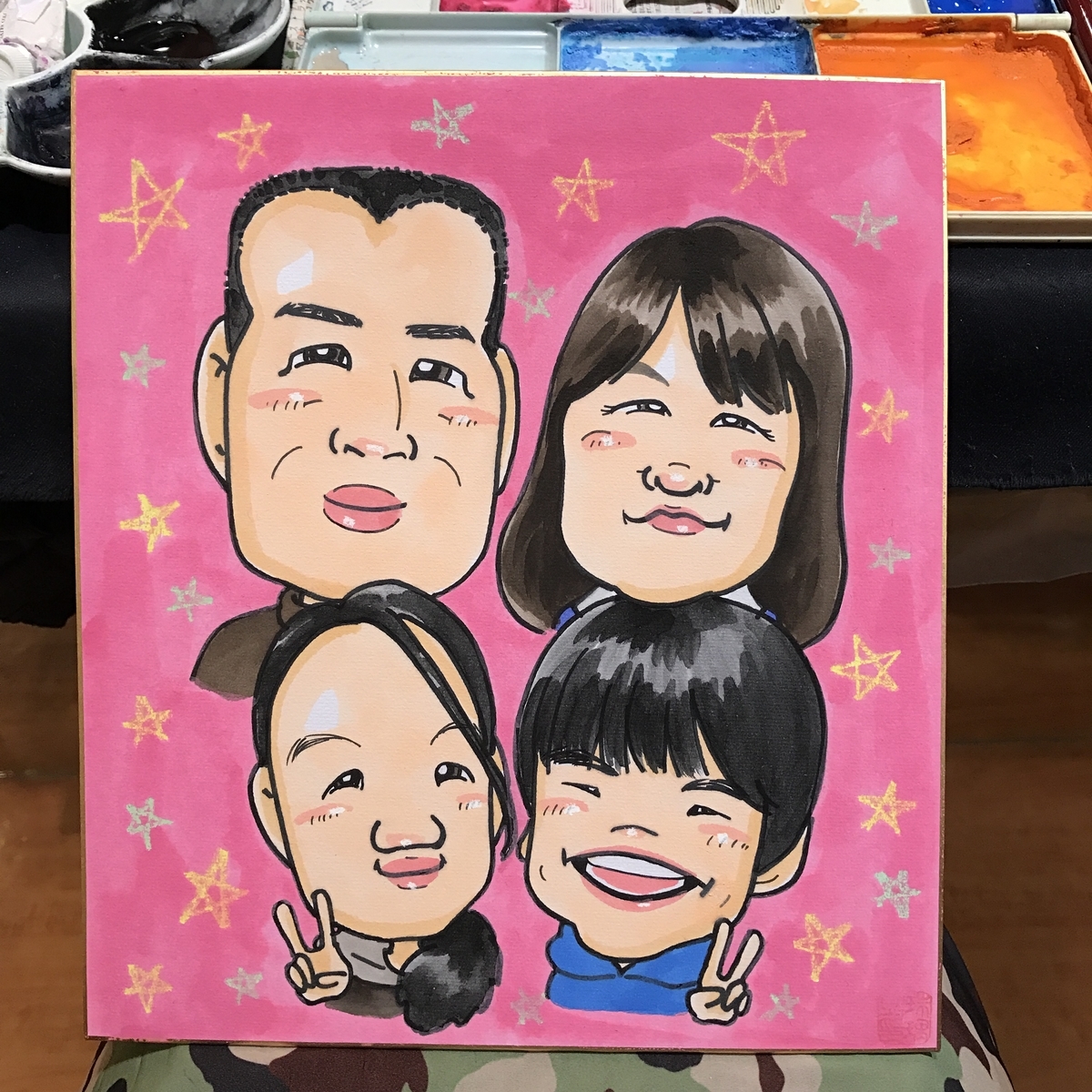 家族4名の似顔絵スケッチ