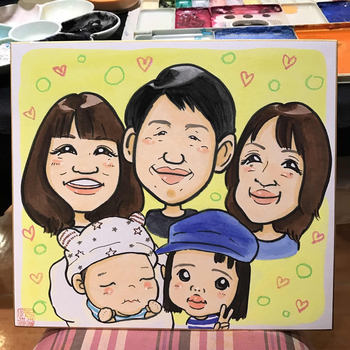 家族5人の似顔絵