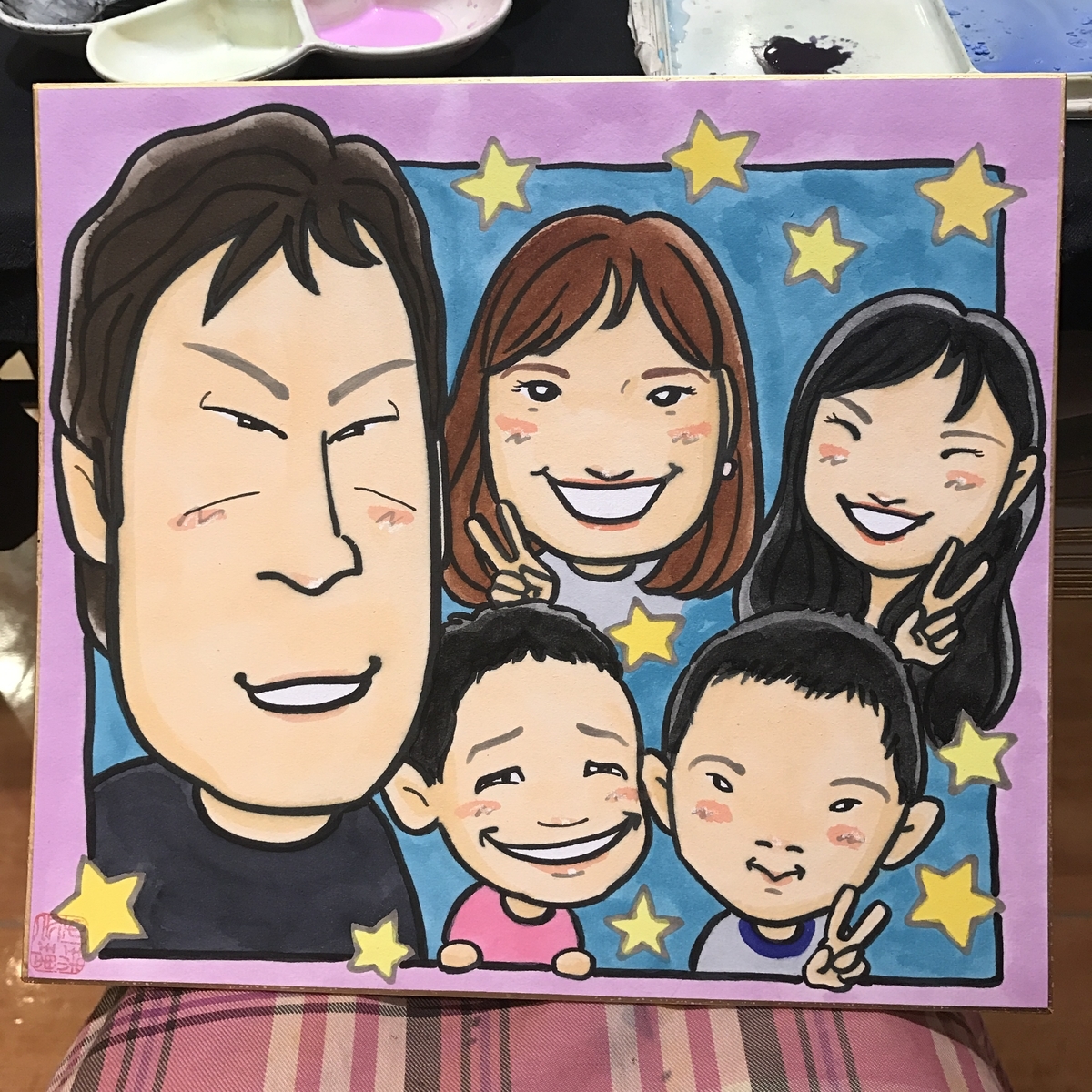 家族5人の似顔絵