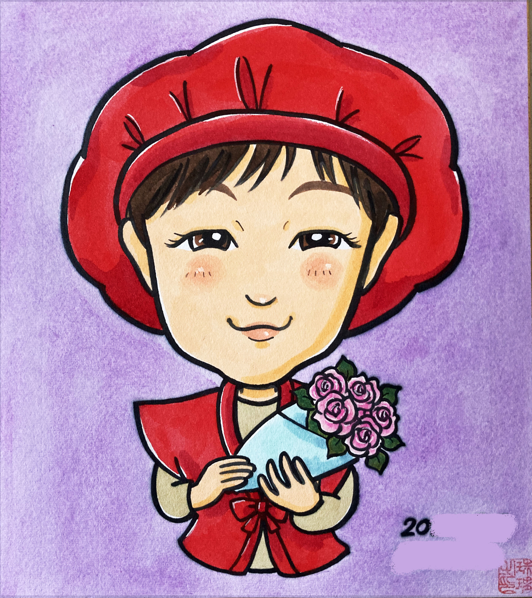 還暦祝いの似顔絵、手描きで色紙サイズ