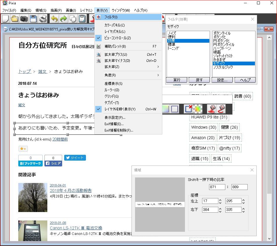 メニュー「表示」>フィルタ を選択
