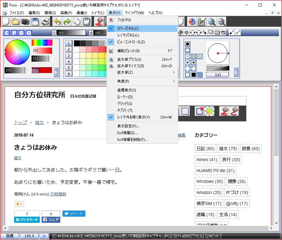 pixia ウィンドゥ上部のカラーパネルを非表示にします。