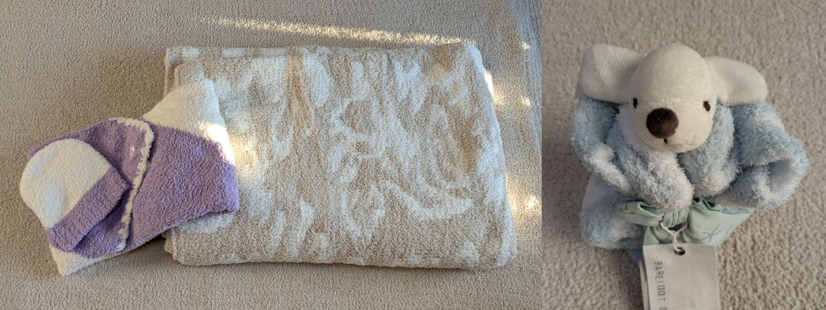 カシウエアのブランケットとベビーキャップ、ベアフットドリームズのぬいぐるみ付きブランケット。ギフトに実際に使用した例。