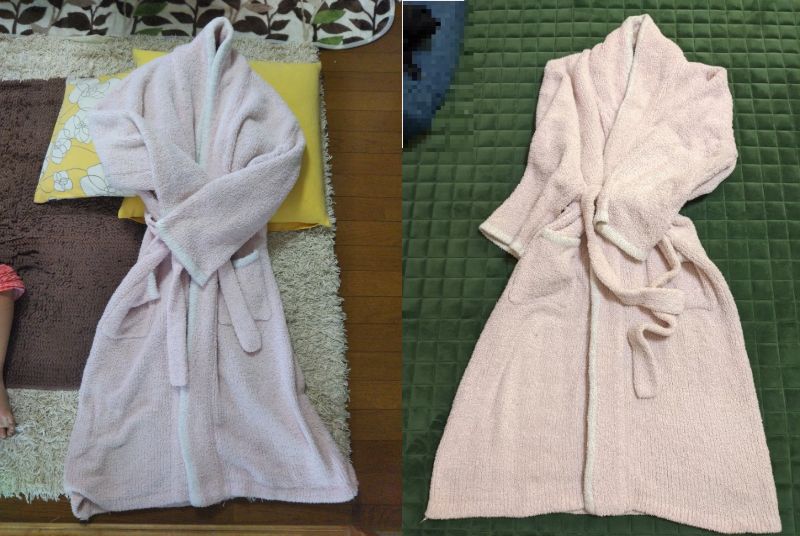 3年使用と7年使用のカシウエアローブの比較写真。左が3年目、右が7年目。風合いの違いが分かるが、目立った形崩れもなく着用可能。