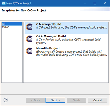 「Templates for New C/C++ Project」ウィンドウの図