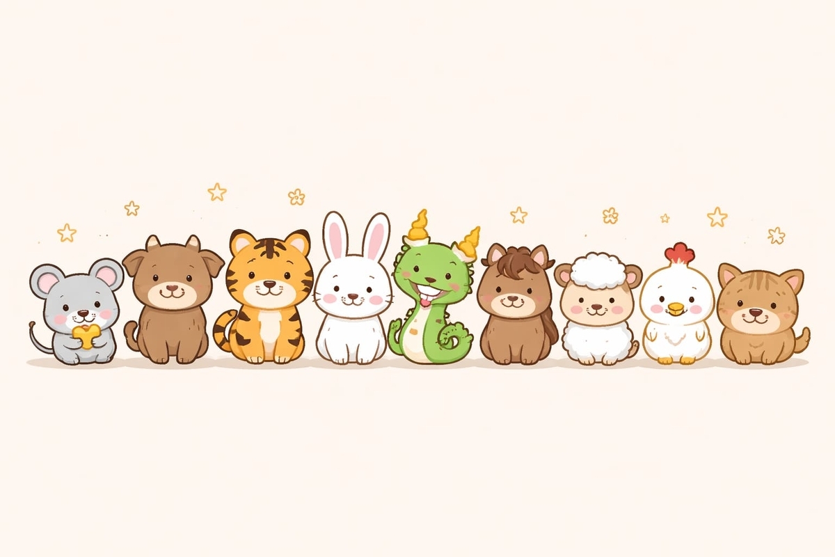 干支の順番をわかりやすく示した動物一覧のイメージ（ねずみからいのししまで）