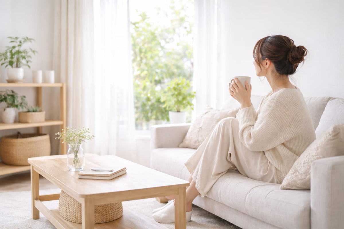 家計や夫婦関係の悩みを前向きに見直すための明るいリビング空間