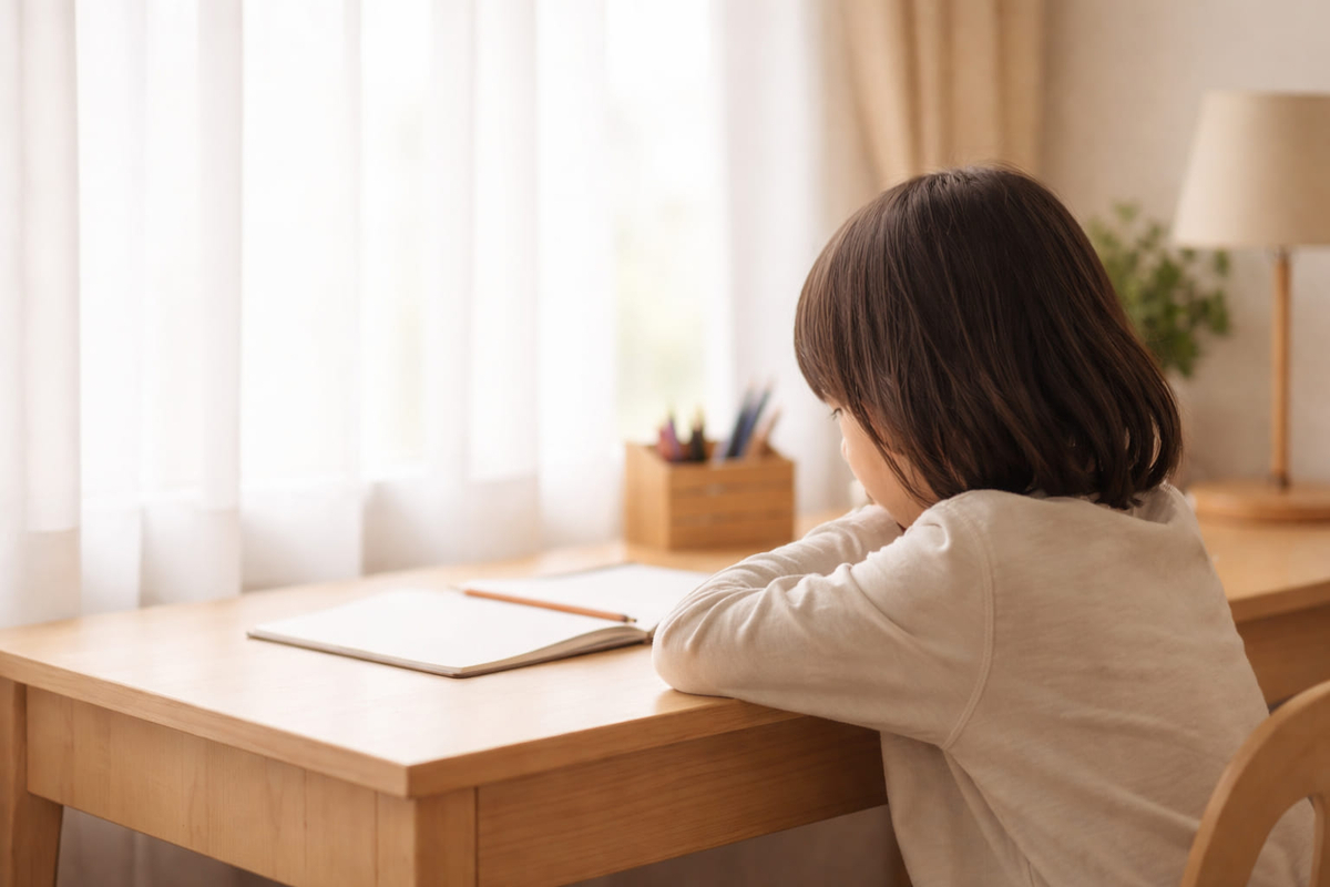 運動会に行きたくないと悩む小学生のイメージ(室内で考え込む様子)