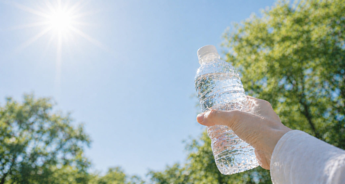 強い日差しの中で水分補給をするイメージの画像