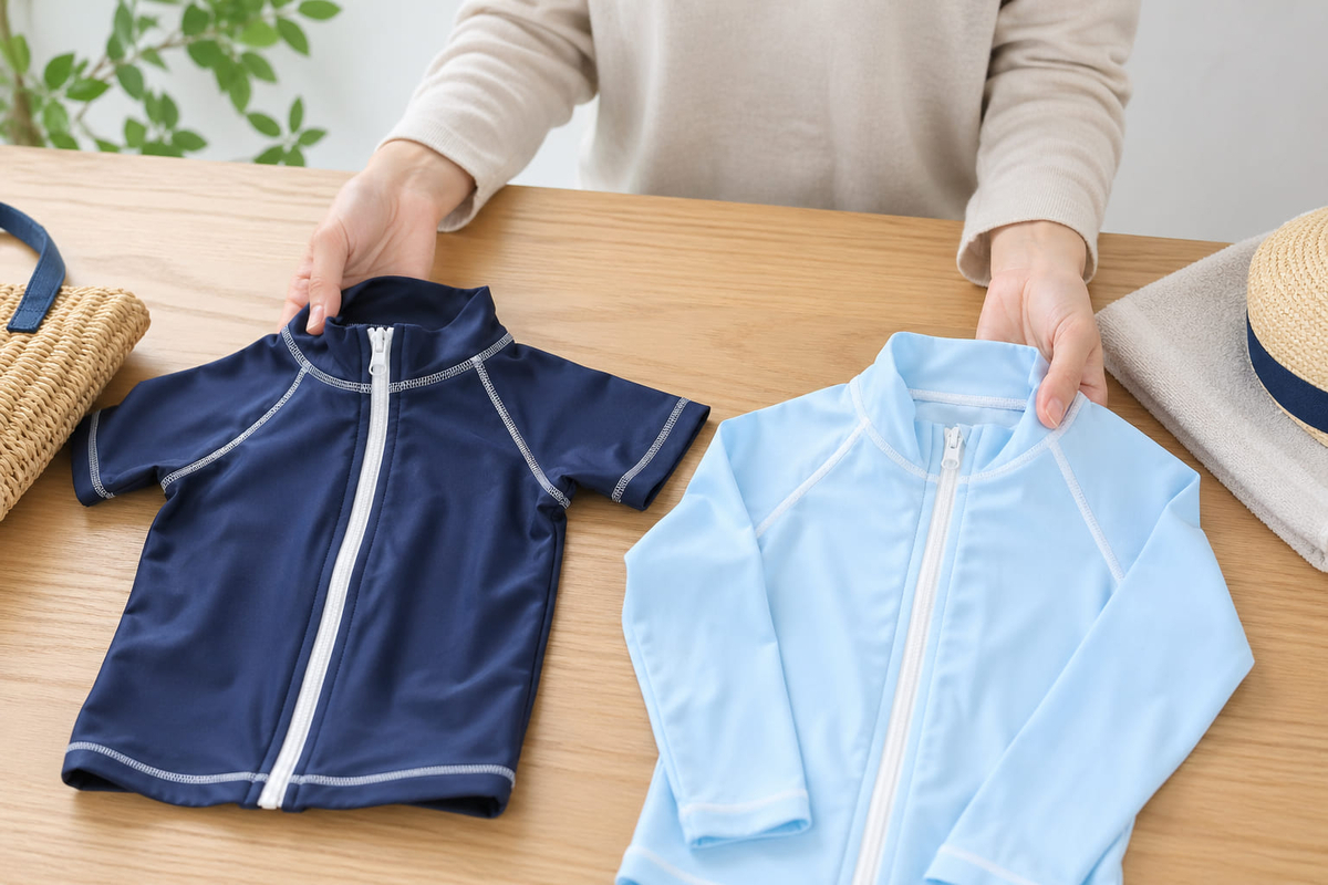 ラッシュガード半袖と長袖どっちがいいか迷って比較している手元のイメージ