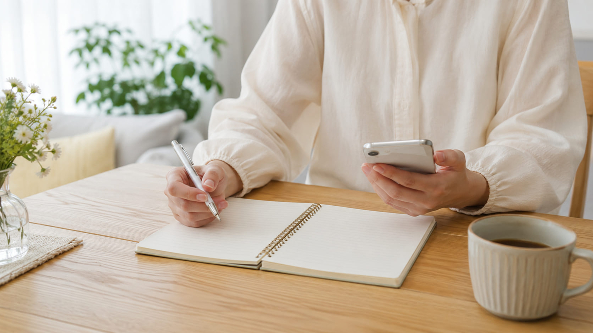 子ども同士のトラブルで謝罪電話をかける前にスマホとノートで内容を確認する保護者の手元
