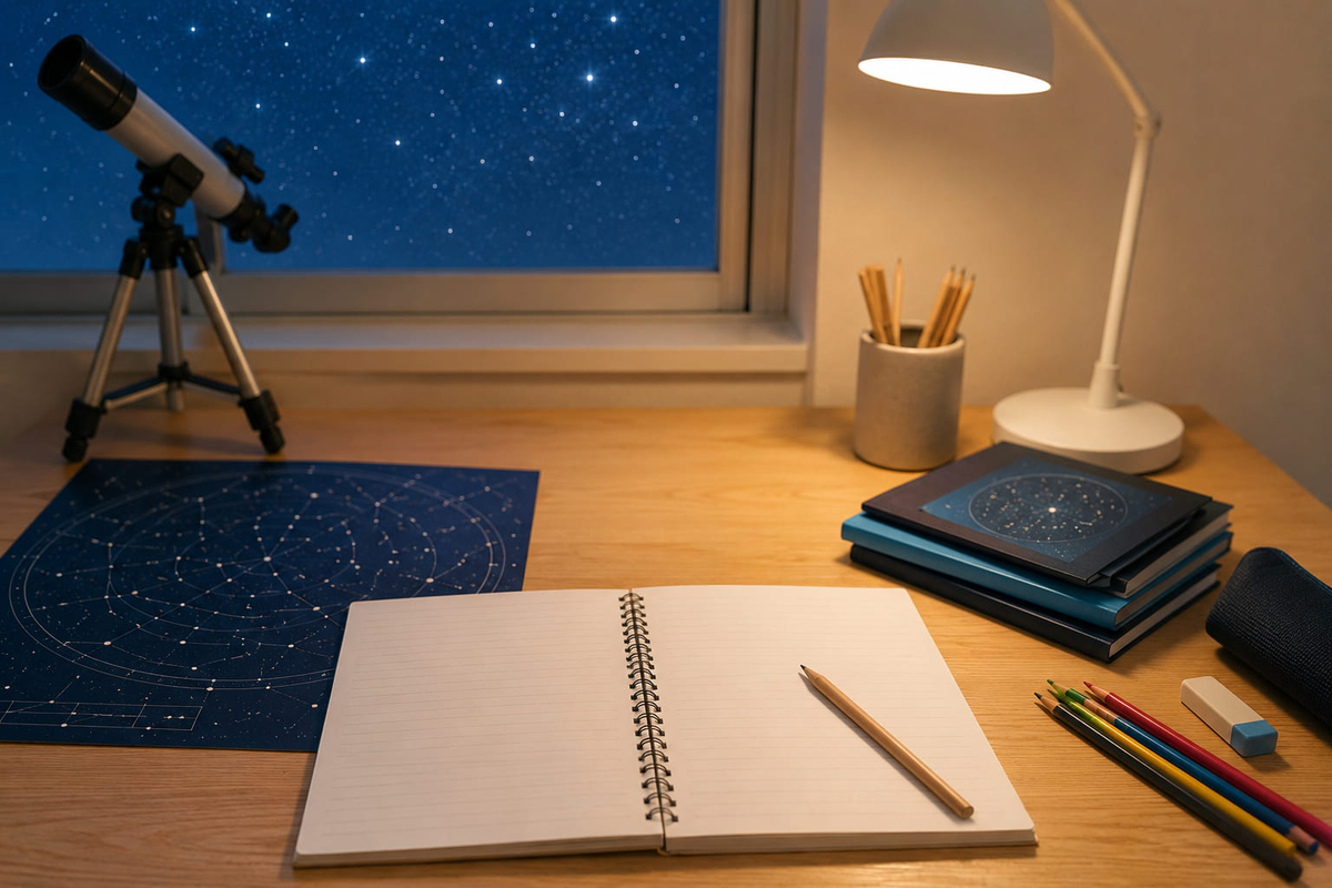 小学生の夏休み自由研究で星の観察の書き方をまとめるノートと星図