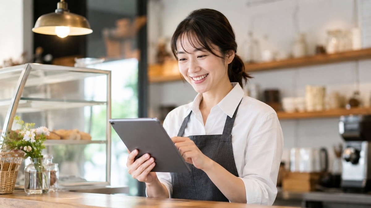 口コミ返信例文を見ながら高評価や低評価レビューに対応する女性